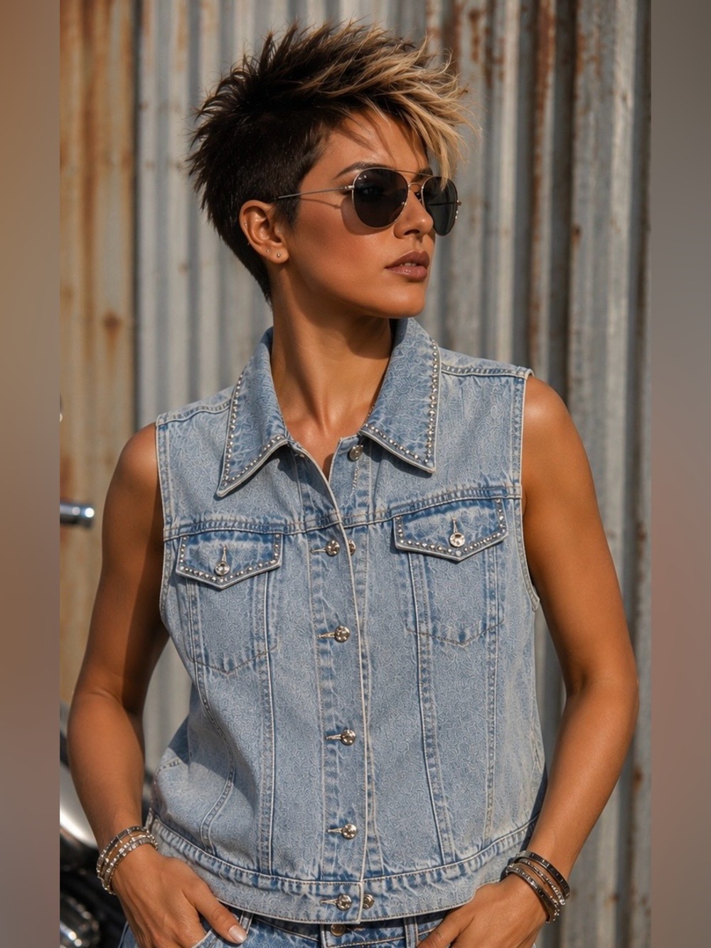 Christine Alexander Light Blue Stud-Trim Denim Vest